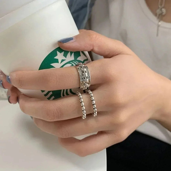 Minimalist 925 Sterling Silver Beaded Ring Layer Stackable Silver Statement Ring - Picture 2 of 4